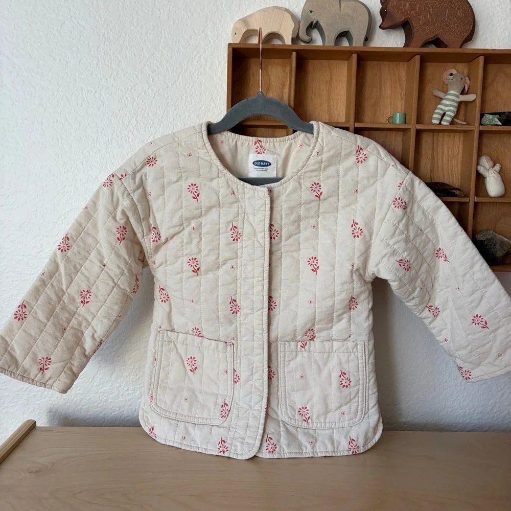 Old Navy Girls Floral Quilted Jacket - Cream with Pink Floral Print